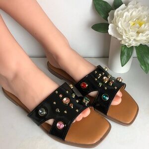 SIZE 11 Black Embellished Colorful Gem Diamonds Open Toe Flat Slide Sandals